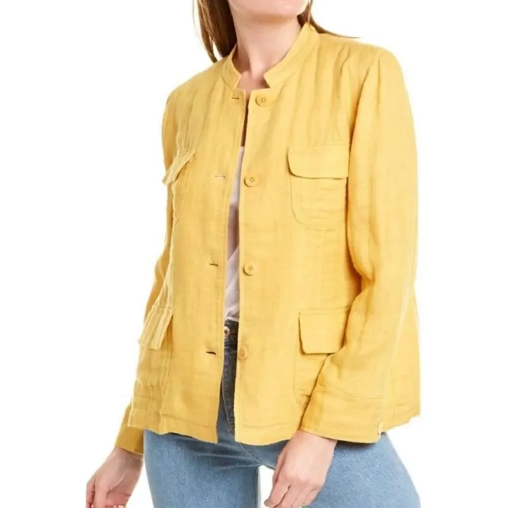 Eileen Fisher yellow linen flap pocket jacket size small
